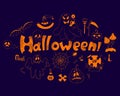 Halloween set doodle. Jack pumpkin, ghost, web, grave, skull, broom and scythe, witch hat, potion and magic fly agaric Royalty Free Stock Photo