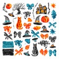 Halloween set, drawn. Watercolor symbols. Stylized drawing in vintage style
