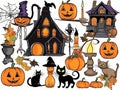 Halloween set of expressive  elements pumpkin, abandoned house, black cat, spider web Royalty Free Stock Photo