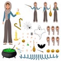 Halloween constructor set of female characters. Girl with holiday attributes in her hands. Vector illustration