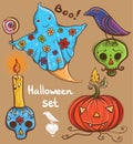 Halloween set with ghost, raven, pumpkin, skull, candle