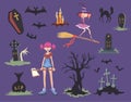 Halloween set. Girl with axe, black cat, witch on a broom, gravestones and other Halloween symbols. Vector illustration. Royalty Free Stock Photo