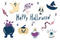 Halloween Set. Hand draw isolated Halloween elements. Pumpkin, ghost, cauldron, potions, hat and magic. Great for Halloween party