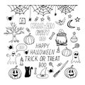 Halloween set hand drawn in doodle style. vector, scandinavian, monochrome. pumpkin, cobweb, spider, cauldron, potion