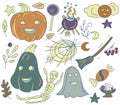 Halloween set holiday doodle pictures hand drawn coloring pages ghost pumpkin broom cobweb autumn leaves