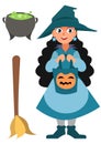 Halloween set. Little witch, pot and broom. Funny cartoon vector Halloween character isolated on the white background Royalty Free Stock Photo