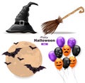 Halloween set moon, balloons, witch hat and broomstick Vector