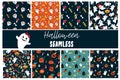 Halloween Set pattern with cute ghost, pumpkin, spider on web. Seamless with funny skull, witch on hat, cat with glasses