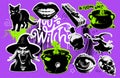 Halloween set of 100 percent witch halftone collage elements. Halftone mixed media paper stickers. Cauldron, hat, cat