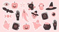 Halloween set with pink elements. Halloween stickers, hand, ghosts, bats, magic pot, moon, pumpkins, eye, spell book and skull.