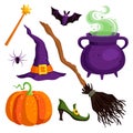 Halloween set: pot, witches hat, magic wand, shoe, broom, pumpkin, spider, bat.