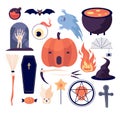 Halloween set. Spiderweb and pumpkin, bat and coffin, grave and moon, broom and skull, dead hand and candle, eye and