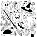 Halloween set of spooky cute pumpkin witch hat skull