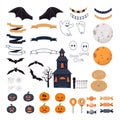 Halloween set with spooky elements in cartoon style silhouette isolated on white background. Different pumpkin, ghosts Royalty Free Stock Photo