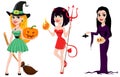Halloween. Set of three girls for holiday, witches and devil girl. Royalty Free Stock Photo