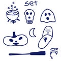 Halloween set tombstone, skull, broom, cauldron, monster face, pumpkin. Vector illustration in hand drawn style with gel