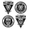 Halloween set of four vector black emblems, badges, labels or logos with devil head and zombie head in vintage style Royalty Free Stock Photo