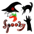 Halloween set. Witch head in a hat, scarf. Black cat silhouette with green eyes arches his back. Black scary zombie hand