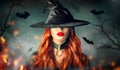 Halloween. witch portrait. Beautiful woman in witches hat with long curly red hair Royalty Free Stock Photo