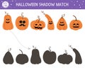 Halloween shadow matching activity for children. Autumn puzzle with jack-o-lanterns. Educational game for kids with scary pumpkins