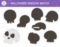 Halloween shadow matching activity for children. Autumn puzzle with sculls. Educational game for kids with scary bones. Find the