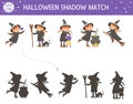 Halloween shadow matching activity for children. Autumn puzzle with witches. Educational game for kids with scary characters. Find