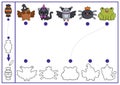 Halloween shape matching, coloring and drawing activity. Autumn holiday puzzle with cute kawaii owl, bat, cat, frog, spider. Find