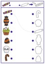 Halloween shape matching, coloring and drawing activity. Autumn holiday puzzle with cute kawaii sweets and desserts. Find correct