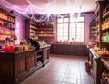 Halloween shop with potions decorations cat on counter Royalty Free Stock Photo