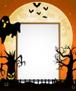 Halloween sign with black ghost and flying bats and spooky tree