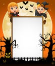 Halloween sign with little girl dracula and little boy witch and spooky tree