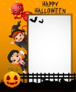 Halloween sign with little girl witch and little boy witch and red devil while waving hand Royalty Free Stock Photo