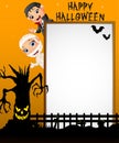 Halloween sign with little mummy and little boy dracula while waving hand and scary tree