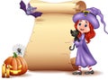 Halloween sign with little witch, bat, spider, candles, pumpkin and black cat Royalty Free Stock Photo