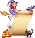 Halloween sign with little witch, bat, spider, web, candles, pumpkin and black cat Royalty Free Stock Photo