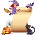 Halloween sign with little witch, bat, spider, web, candles, pumpkin and black cat Royalty Free Stock Photo