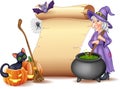 Halloween sign with witch stirring magic potion Royalty Free Stock Photo