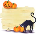 Halloween signboard with black cat and pumpkins