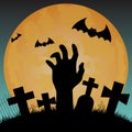Halloween silhouette background, zombie hand on the graveyard in night sky background - Vector illustration Royalty Free Stock Photo