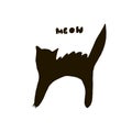 Halloween silhouette character of black cat and text meow for celebration, cards template and halloween party decoration