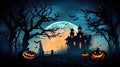 Halloween silhouette of Creepy pumpkins of spooky halloween haunted mansion Evil houseat night with full moon. Scary halloween. Royalty Free Stock Photo