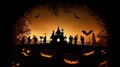 Halloween silhouette of Creepy pumpkins of spooky halloween haunted mansion Evil houseat night with full moon. Scary halloween. Royalty Free Stock Photo