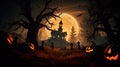 Halloween silhouette of Creepy pumpkins of spooky halloween haunted mansion Evil houseat night with full moon. Scary halloween. Royalty Free Stock Photo