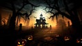 Halloween silhouette of Creepy pumpkins of spooky halloween haunted mansion Evil houseat night with full moon. Scary halloween. Royalty Free Stock Photo