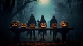 Halloween silhouette of Creepy pumpkins of spooky halloween haunted mansion Evil houseat night with full moon. Scary halloween. Royalty Free Stock Photo