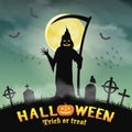 Halloween silhouette grim reaper in night graveyard Royalty Free Stock Photo