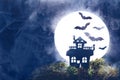 Halloween. Silhouette of an old house on a background of the full moon. Bats, fog Royalty Free Stock Photo