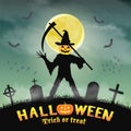 Halloween silhouette pumpkin killer in night graveyard