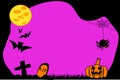 Halloween silhouette of spider web tombstone cross moon bat castle in black and purple
