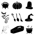 Halloween silhouette vector set. Collection of black illustration for horror holiday celebration. Creepy october cartoon symbols. Royalty Free Stock Photo